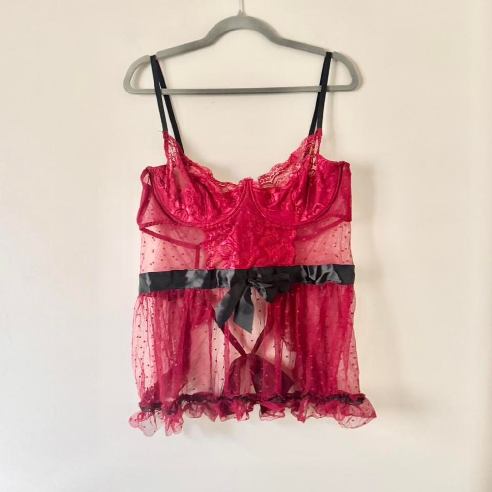 Y2K Red Black Lace Lingerie XL Polka Dot Ruffle Bow